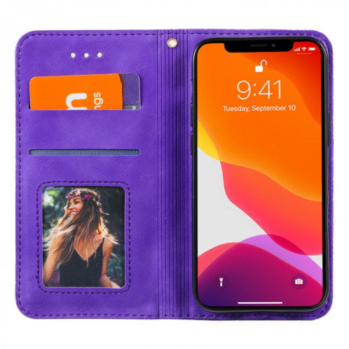 Boîtier de pansements horizontaux magnétiques de fleurs chanceux de gaufrage avec support et emplacements pour carte pour iPhone 13 mini (violet) SH201E462-07