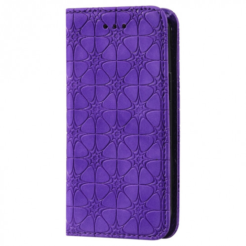Cas de gaufrage de fleurs chanceux Structure horizontale magnétique Horizontal Horizons avec support et emplacements de carte pour iPhone 13 (violet) SH202E146-07