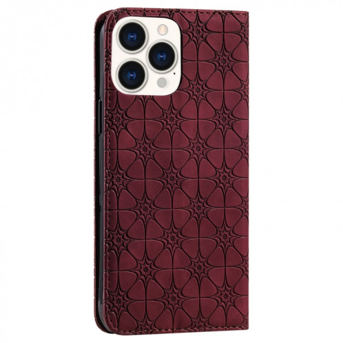 Boîtier de pansements horizontaux magnétiques de fleurs de lucky fleurs avec support et emplacements de carte pour iPhone 13 Pro (Rouge de vin) SH203D822-07