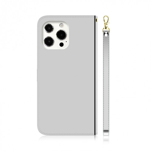 Surface de miroir imitée Horizontal Flip Cuir Coffret avec porte-cartes et portefeuille et lanière pour iPhone 13 Pro (argent) SH503A1376-06