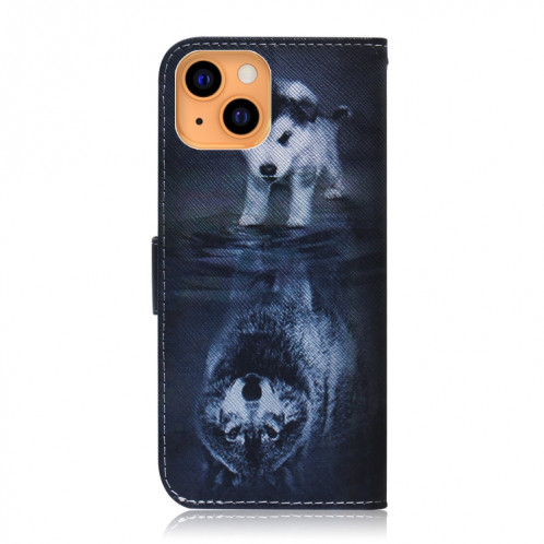 Dessin coloré Horizontal Flip Cuir Case, avec porte-cartes et portefeuille pour iPhone 13 (loup et chien) SH702G1962-05