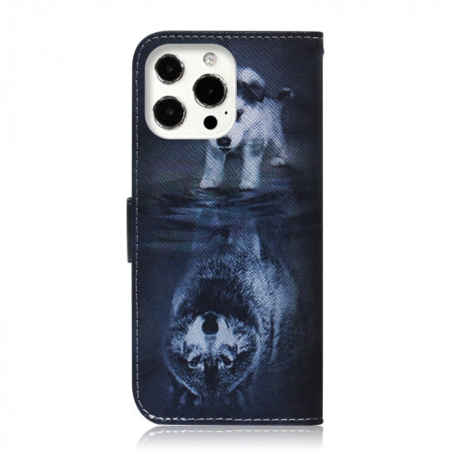 Dessin coloré Horizontal Flip Cuir Case, avec porte-cartes et portefeuille pour iPhone 13 Pro (loup et chien) SH703G432-05
