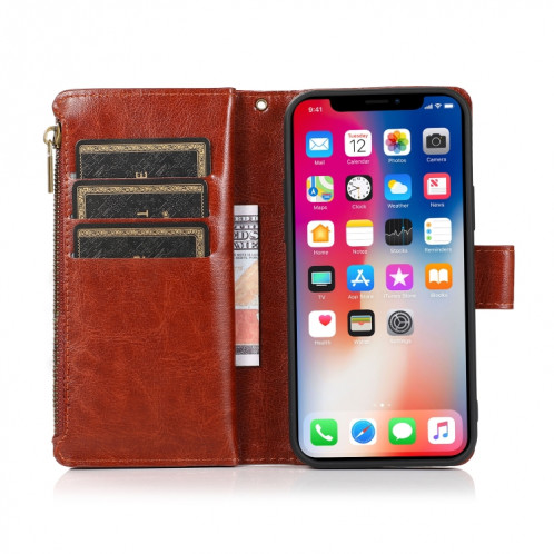 Étui de cuir horizontal de texture de texture de chevaux follement multifonctionnel avec une machine à galets et portefeuille et longe à glissière pour iPhone 13 Pro (Brown) SH203B6-07