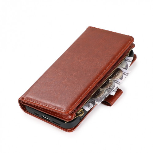 Étui de cuir horizontal de texture de texture de chevaux follement multifonctionnel avec une machine à galets et portefeuille et longe à glissière pour iPhone 13 Pro (Brown) SH203B6-07