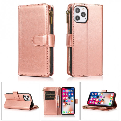 Texture multifonctionnelle Crazy Horse Texture Horizontal Horizontal Cuir Coating avec 9 fentes de cartes et portefeuille et longe à glissière pour iPhone 13 Pro (Rose Gold) SH203E1914-07