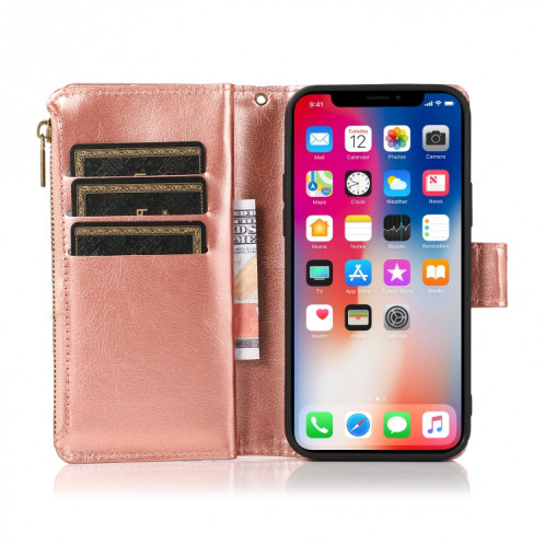 Texture multifonctionnelle Crazy Horse Texture Horizontal Horizontal Cuir Coating avec 9 fentes de cartes et portefeuille et longe à glissière pour iPhone 13 Pro (Rose Gold) SH203E1914-07