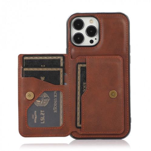 Sac de carte magnétique de texture de veau PU Case antichoc avec support et carte de carte pour iPhone 13 Pro (Café) SH903B1318-07