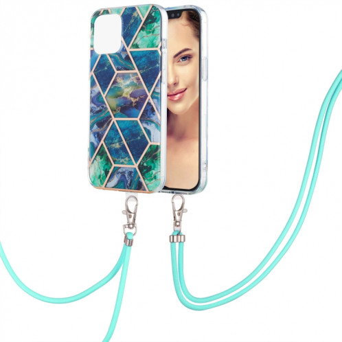 Épissage de galvanoplastie Motif de marbre Dual-côté IMD TPU TPU TPU avec lanière à col pour iPhone 13 (vert bleu) SH002B1981-06