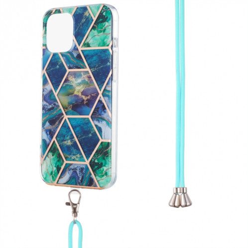 Épissage de galvanoplastie Motif de marbre Dual-côté IMD TPU TPU TPU avec lanière à col pour iPhone 13 (vert bleu) SH002B1981-06