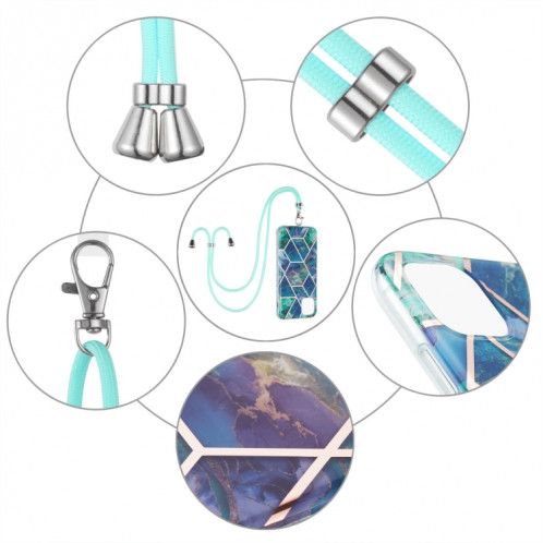 Épissage de galvanoplastie Motif de marbre Dual-côté IMD TPU TPU TPU avec lanière à col pour iPhone 13 (vert bleu) SH002B1981-06