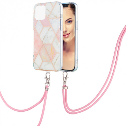 Épisseur de galvanoplastie Motif en marbre Dual-côté IMD TPU TPU Cas antichoc avec lanière à col pour iPhone 13 Pro (blanc rose) SH003A836-06