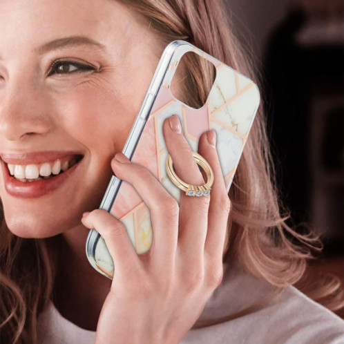 Épissage de galvanoplastie Modèle de marbre Dual-côté IMD TPU Case antichoc avec porte-bague pour iPhone 13 (blanc rose) SH502A820-04