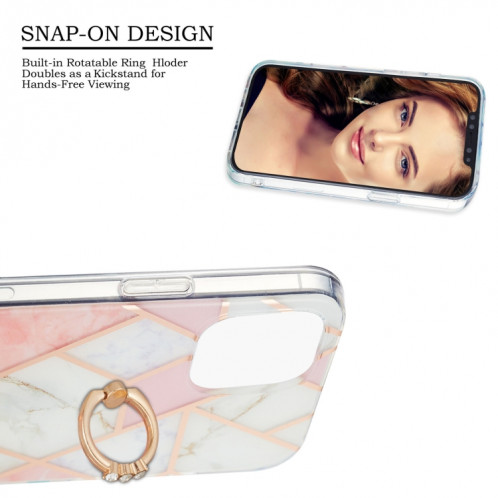 Épissage de galvanoplastie Modèle de marbre Dual-côté IMD TPU Case antichoc avec porte-bague pour iPhone 13 (blanc rose) SH502A820-04