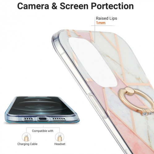 Épissage de galvanoplastie Motif de marbre Dual-côté IMD TPU TPU Case antichoc avec porte-bague pour iPhone 13 Pro (blanc rose) SH503A1875-04