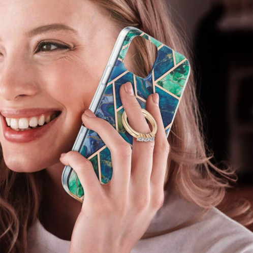 Épissage de galvanoplastie Modèle de marbre Dual-côté IMD TPU Case antichoc avec porte-bague pour iPhone 13 Pro (bleu vert) SH503B236-04