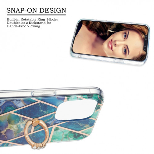 Épissage de galvanoplastie Modèle de marbre Dual-côté IMD TPU Case antichoc avec porte-bague pour iPhone 13 Pro (bleu vert) SH503B236-04