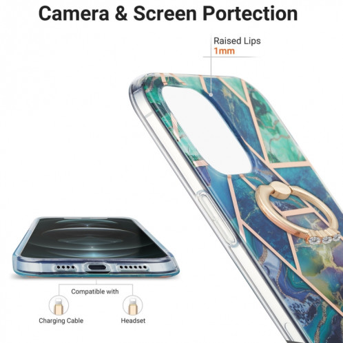 Épissage de galvanoplastie Modèle de marbre Dual-côté IMD TPU Case antichoc avec porte-bague pour iPhone 13 Pro (bleu vert) SH503B236-04
