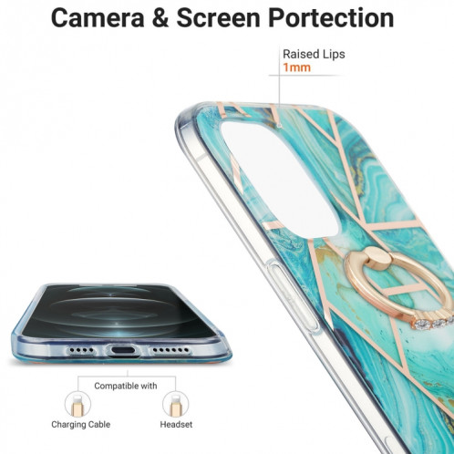 Épissage de galvanoplastie Motif en marbre Dual-côté IMD TPU Case antichoc avec porte-bague pour iPhone 13 Pro (Bleu) SH503C254-04
