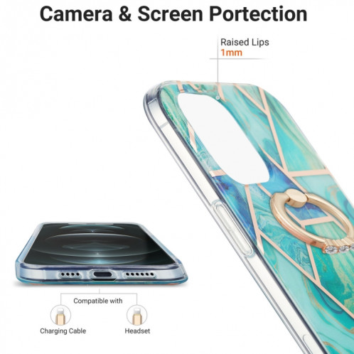 Épissage de galvanoplastie Motif en marbre Dual-côté IMD TPU Case antichoc avec porte-bague pour iPhone 13 Pro (vert) SH503D32-04