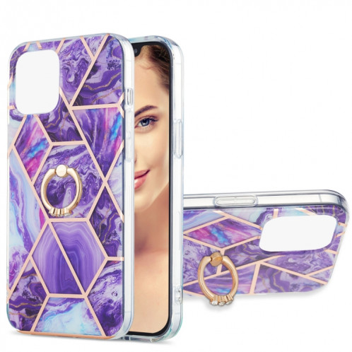 Épissage de galvanoplastie Modèle de marbre Dual-côté IMD TPU TPU Case antichoc avec porte-bague pour iPhone 13 Pro (violet foncé) SH503F175-04