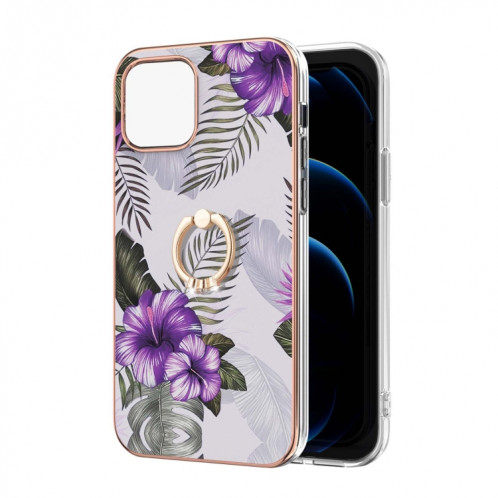 Motif de galvanoplastie IMD TPU Case antichoc avec support d'anneau de strass pour iPhone 13 mini (fleur violet) SH801F1620-04