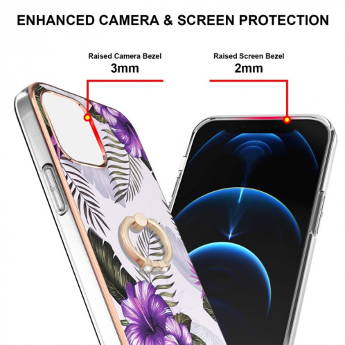 Motif de galvanoplastie IMD TPU Case antichoc avec support d'anneau de strass pour iPhone 13 mini (fleur violet) SH801F1620-04