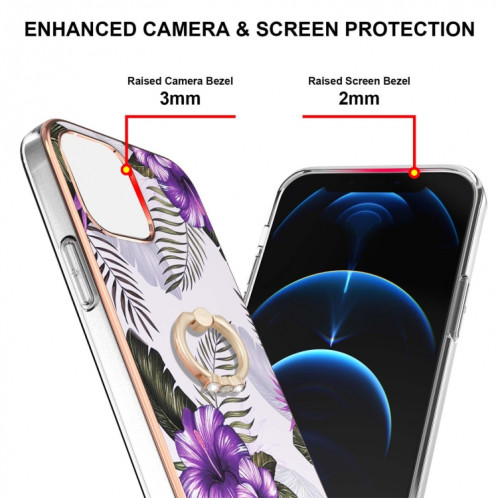Motif de galvanoplastie IMD TPU Case antichoc avec porte-bague en strass pour iPhone 13 (fleur violet) SH802F228-04