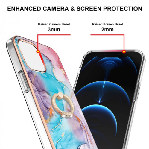 Pattern de galvanoplastie IMD TPU Case antichoc avec porte-bague en strass pour iPhone 13 PRO (marbre bleu laiteux) SH803D1282-04