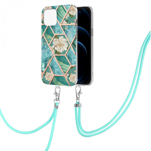 Épissage de galvanoplastie Modèle de fleur de marbre TPU Case antichoc avec longe pour iPhone 13 (fleur bleue) SH902D1337-04