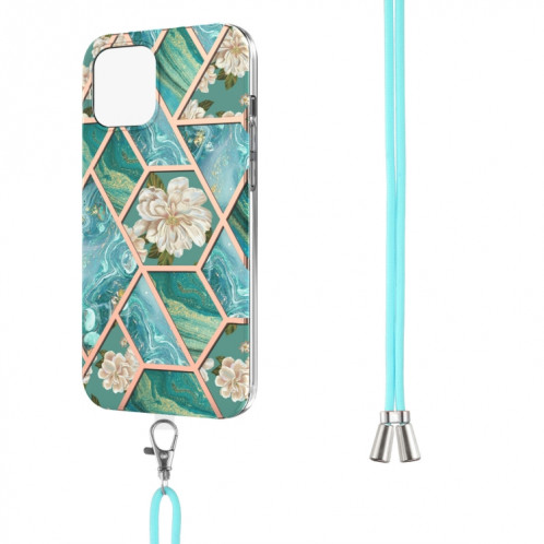 Épissage de galvanoplastie Modèle de fleur de marbre TPU Case antichoc avec longe pour iPhone 13 (fleur bleue) SH902D1337-04