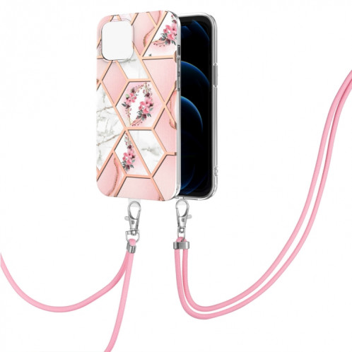 Épisseur de galvanoplastie Modèle de fleur de marbre TPU Case antichoc avec longe pour iPhone 13 Pro (fleur rose) SH903A1020-04