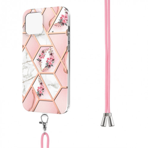 Épisseur de galvanoplastie Modèle de fleur de marbre TPU Case antichoc avec longe pour iPhone 13 Pro (fleur rose) SH903A1020-04