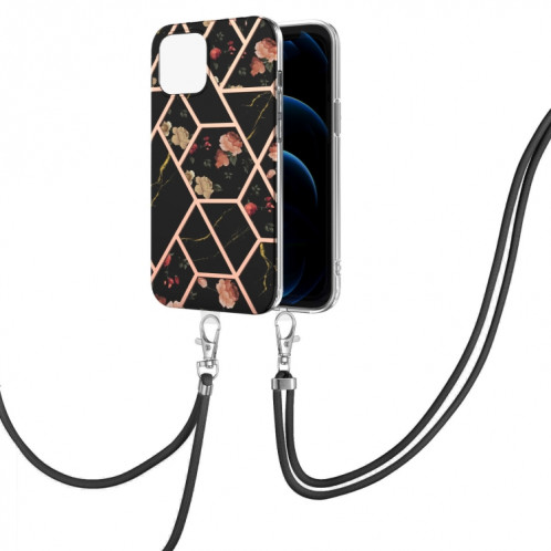 Épisseur de galvanoplastie Motif de fleur de marbre TPU Case antichoc avec longe pour iPhone 13 Pro (fleur noire) SH903B580-04