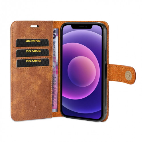 DG.ming Crazy Horse Texture Tournez en cuir magnétique détachable avec porte-carte et portefeuille pour iPhone 13 (Brown) SD602C477-07