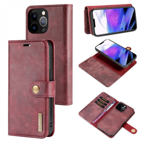 DG.ming Crazy Horse Texture Flip Housse de cuir magnétique détachable avec porte-cartes et portefeuille pour iPhone 13 Pro (rouge) SD603A1672-07