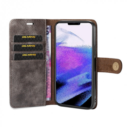 DG.Ming Crazy Horse Texture Tournez en cuir magnétique détachable avec porte-cartes et portefeuille pour iPhone 13 Pro (gris) SD603B1969-07