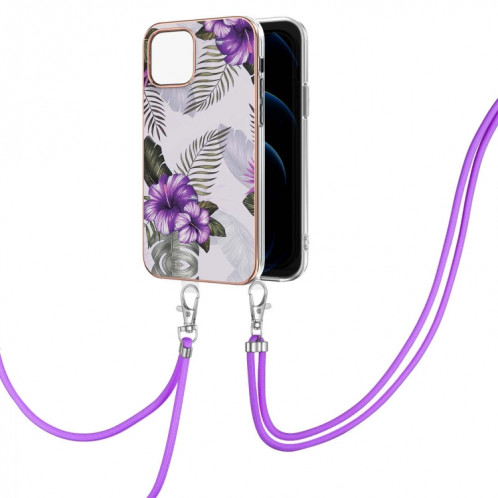 Motif de galvanoplastie IMD TPU Case antichoc avec lanière à col pour iPhone 13 (fleur violet) SH802F1755-04
