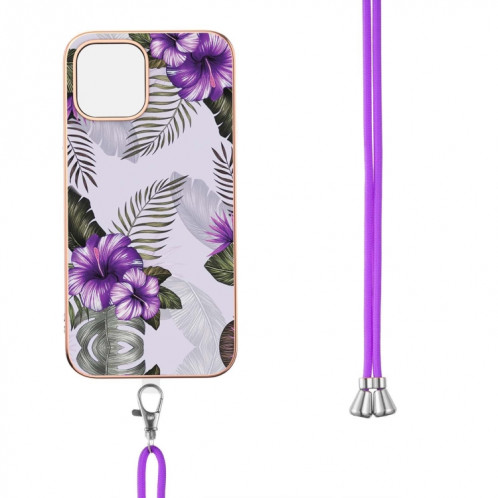 Motif de galvanoplastie IMD TPU Case antichoc avec lanière à col pour iPhone 13 (fleur violet) SH802F1755-04
