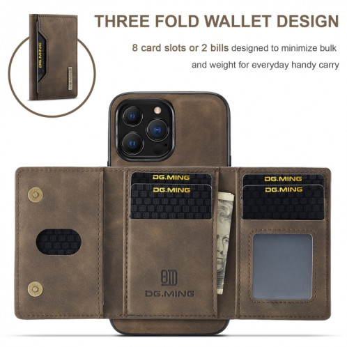 DG.ming M2 Series Sac 3-Fold Card + Case à l'échéance magnétique avec fonction de portefeuille et porte-portefeuille pour iPhone 13 Pro (Café) SD303C65-09