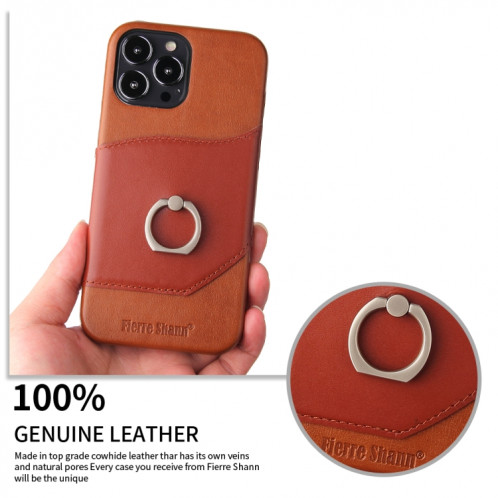 Fierre Shann Texture de la cire d'huile véritable Coque en cuir véritable avec support de rotation de 360 ​​degrés et emplacement de carte pour iPhone 13 PRO (Brown) SF703A424-08