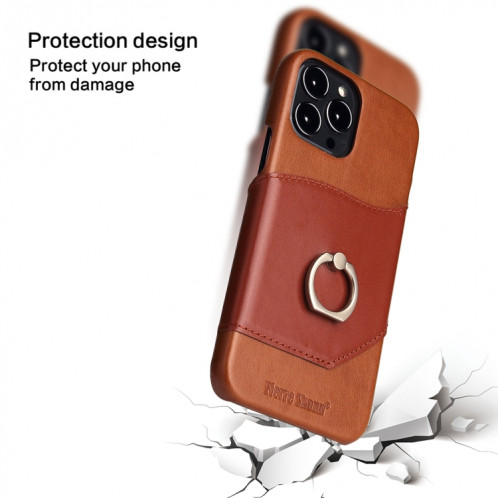 Fierre Shann Texture de la cire d'huile véritable Coque en cuir véritable avec support de rotation de 360 ​​degrés et emplacement de carte pour iPhone 13 PRO (Brown) SF703A424-08