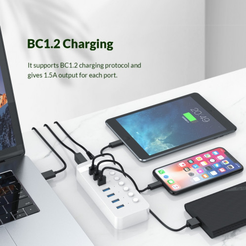 Orico CT2U3-7AB-WH 7 en 1 Hub USB à rayures en plastique avec interrupteurs individuels, fiche US (blanc) SO501B1836-09