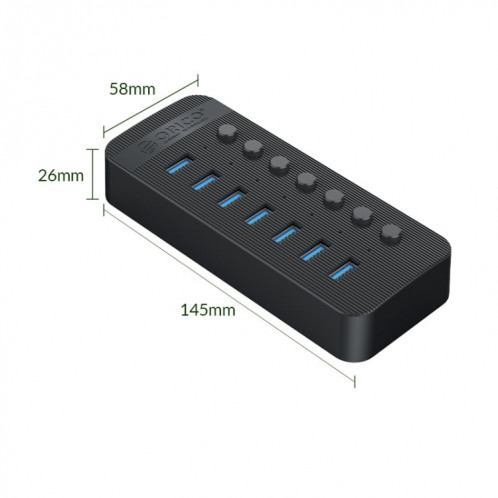 Orico CT2U3-7AB-BK 7 en 1 Hub USB à rayures en plastique avec interrupteurs individuels, prise EU (Noir) SO701A1112-09