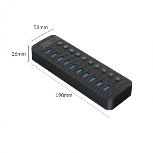 Orico CT2U3-10AB-BK 10 en 1 Hub USB à rayures en plastique avec interrupteurs individuels, (Noir) SO901A1039-09