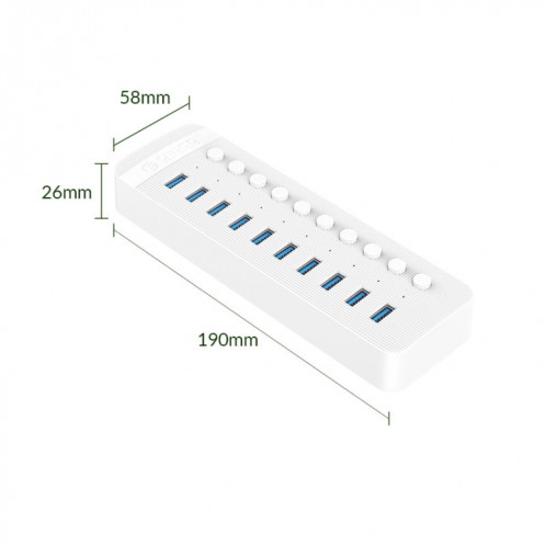 Orico CT2U3-10AB-WH 10 en 1 Hub USB à rayures en plastique avec interrupteurs individuels, fiche UE (blanc) SO901B89-09