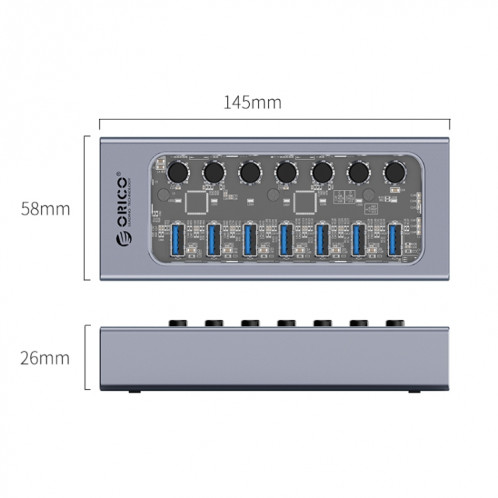 Orico AT2U3-7AB-GY-BP 7 en 1 Hub USB multi-ports en alliage d'aluminium avec interrupteurs individuels, prise EU SO7201104-09