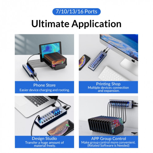 Orico AT2U3-7AB-GY-BP 7 en 1 Hub USB multi-ports en alliage d'aluminium avec interrupteurs individuels, SO7201104-09