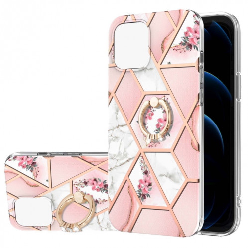 Épissage de galvanoplastie Modèle de fleur de marbre TPU Cas antichoc avec porte-bague en strass pour iPhone 13 Pro (fleur rose) SH503A1120-04