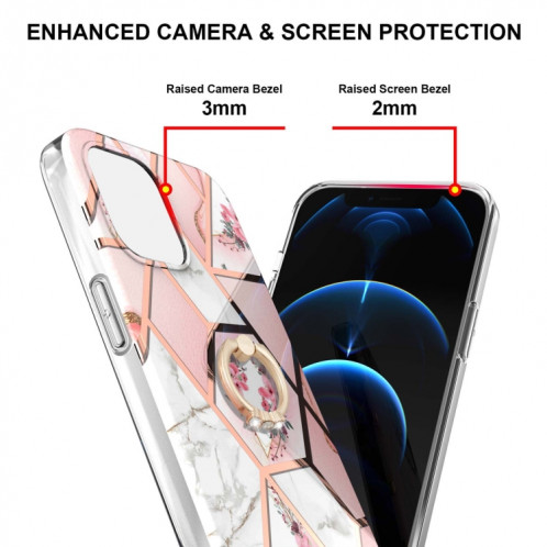 Épissage de galvanoplastie Modèle de fleur de marbre TPU Cas antichoc avec porte-bague en strass pour iPhone 13 Pro (fleur rose) SH503A1120-04