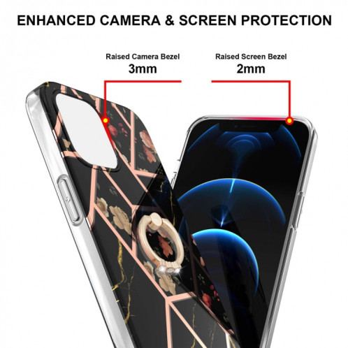 Épisseur de galvanoplastie Motif de fleur de marbre TPU Cas antichoc avec porte-bague en strass pour iPhone 13 Pro (fleur noire) SH503B876-04